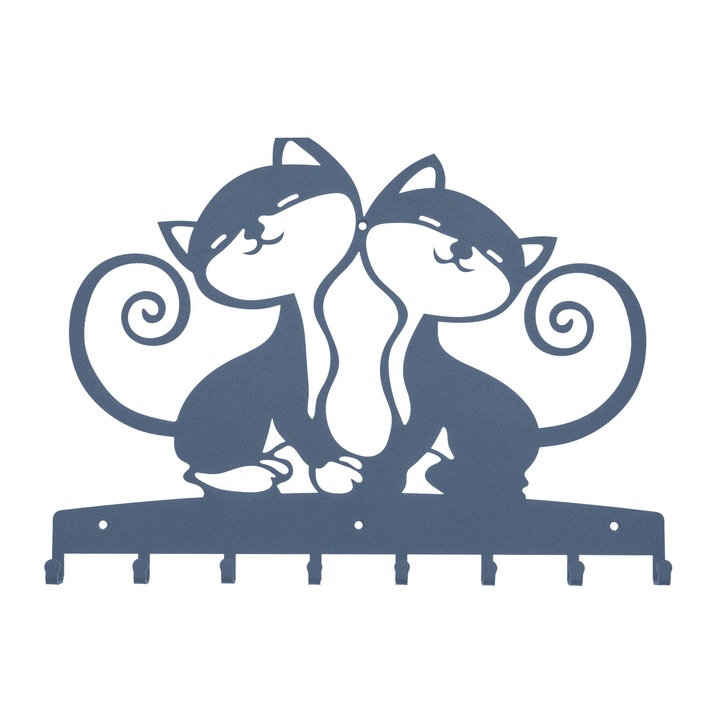 Cuier decorativ Pisicute, pentru hol, albastru, cu 8 agatatori, 40 x 30 cm