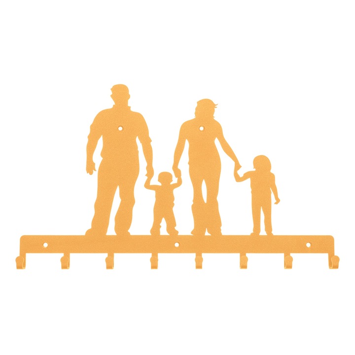 Cuier decorativ Family, pentru hol, galben, cu 8 agatatori, 40 x 23 cm