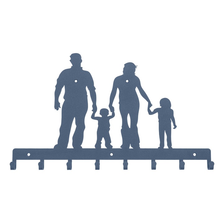 Cuier decorativ Family, pentru hol, albastru, cu 8 agatatori, 40 x 23 cm