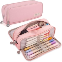 Penar scolar, 3 compartimente, capacitate mare, roz, 22x9.5x10cm
