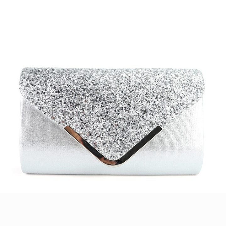 Дамска клъч чанта, Елегантна, 21.5 x 14 x 5 см, Сребрист