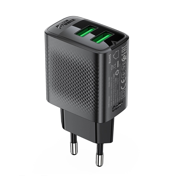 Hálózati töltő Acefast A86 - 2xUSB porttal, hálózati töltő, fekete, 12W