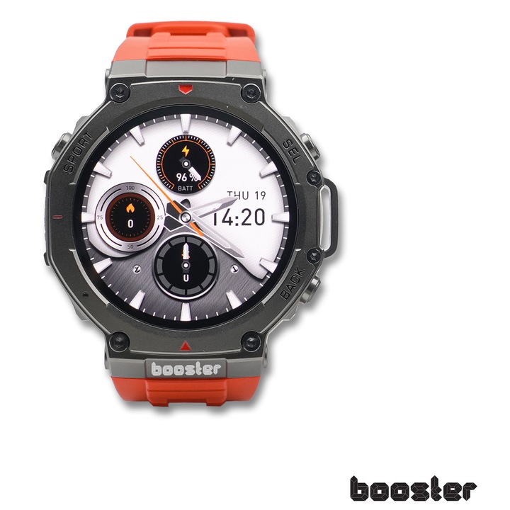 Часовник Booster Military, GPS, Мониторинг на пулса, Фитнес и Спортове на открито, Военен смарт часовник 48 мм, фитнес часовник с GPS (с поверителност), AI, гласово управление, офлайн карти, за Android или iPhone, 170 модула, Червен