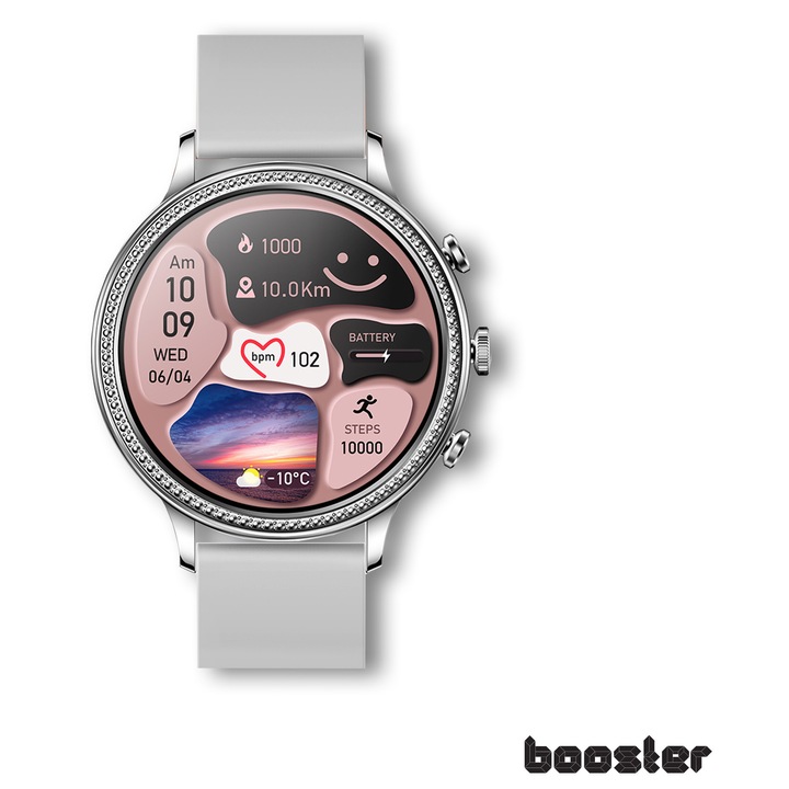 Smartwatch Booster Elegance Watch pentru Femei – Ceas Inteligent cu Apeluri Bluetooth, Monitorizare Sanatate si Design Elegant Diamante Bluetooth Smartwatch pentru telefoane Android si Ios Sport in aer liber Fitness Tracker cu ritm cardiac Silver