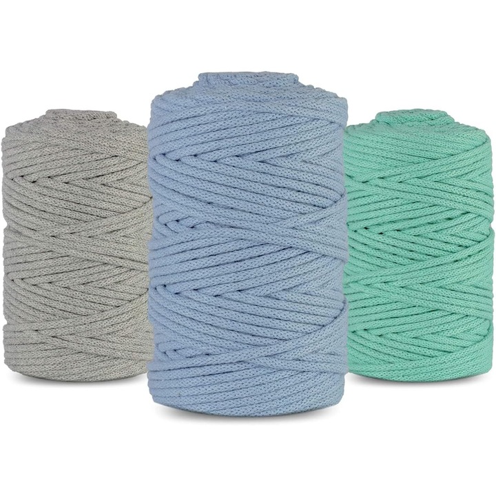 Set Fire De macrameu, Netuno, Fir De Bumbac Natural, 100 m, Diametru 5 mm, 3Pcs, Biodegradabil, Utilizari multiple, Antialergic, Fire Textile, Gri, Albastru Deschis, Albastru Celadon, 3 buc