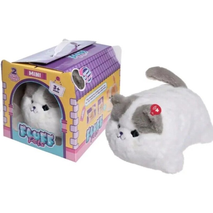 Animalut de plus interactiv Fluff Pets Mini VICTINY® model alb multicolor cu zambet, miscari faciale si sunete
