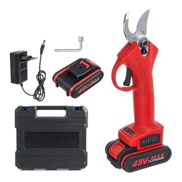 Електрически Градински Ножици, 2 Батерии 48V, За Рязане на Клони, Дървета, Лозя, Стоманено Острие SK5, Включен Куфар