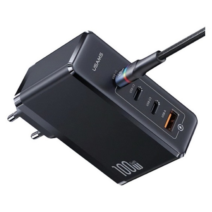 Usams t50 hálózati töltő usb+3 type-c aljzat, 100w, gan, pd gyorstöltő 3.0, fekete