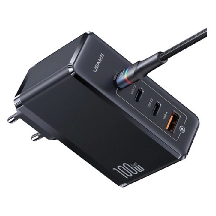 Usams t50 hálózati töltő usb+3 type-c aljzat, 100w, gan, pd gyorstöltő 3.0, fekete