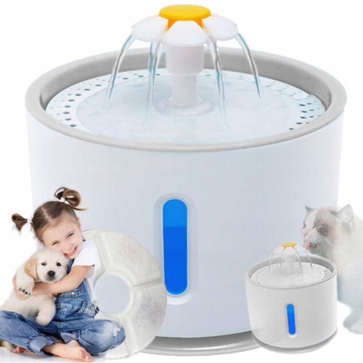 Fontana pentru animale, 2.4L, design cu 3 tipuri de flux, iluminare LED, alb, set complet