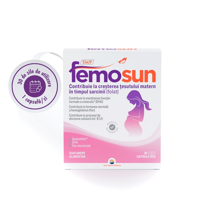 Femosun, Sun Wave Pharma, Complex de vitamine și minerale, DHA, pentru femei însărcinate, 30 capsule