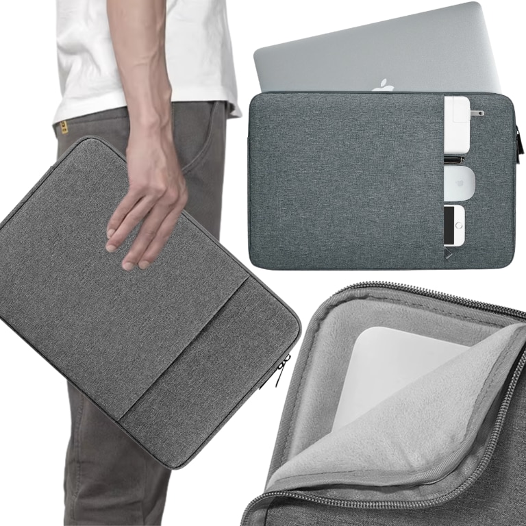 Etui laptop 15-16 inch, gri, cu buzunare, dimensiuni 37x27x3cm, greutate 0,230g
