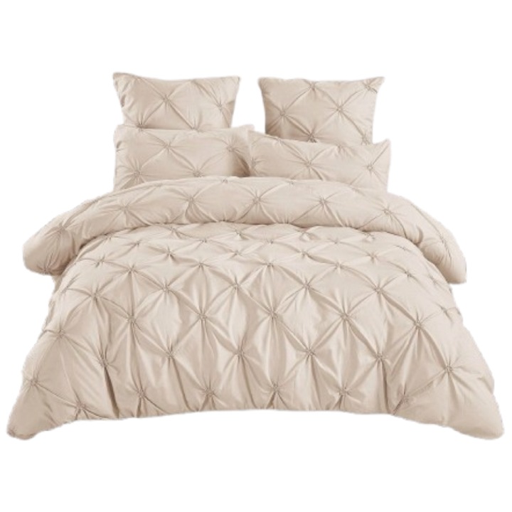 Lenjerie de Lux, Uni, Model Pliuri Brodate, 6 piese, Finet, 235x240cm, Ivoire