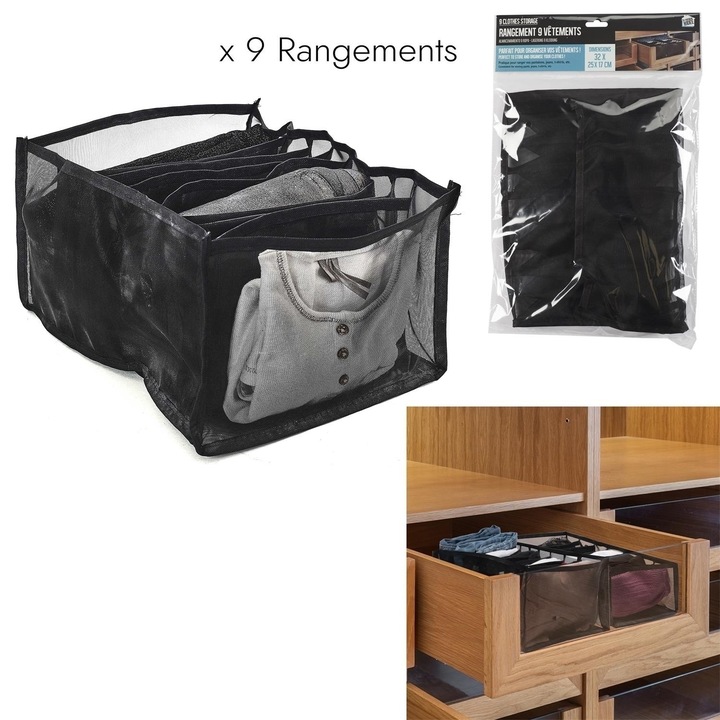 Gardróbrendszerező, 9 rekeszes, fekete