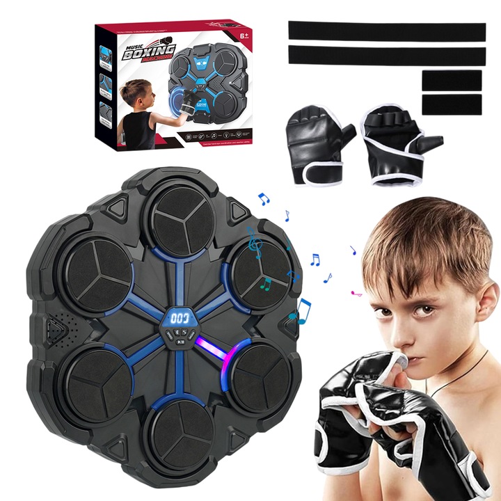 Tinta lovituri Box, Manusi Incluse, Antrenament de Box si Fitness, Difuzor Incorporat, Pentru Copii, Iluminare LED, 9 viteze, 31x34cm, Negru