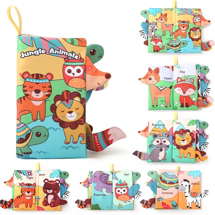Carte Textila Senzoriala pentru Bebelusi – Jungle Animals, Carte Educativa Moale cu Cozi Animale, Dezvoltare Tactila si Cognitiva-QiFeng™