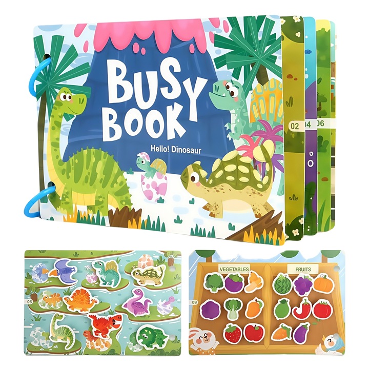 Carte activitati educationale pentru copii 3–6 ani, tema dinozauri si fructe, jocuri educative cu stickere reutilizabile, puzzle de invatare-QiFeng™