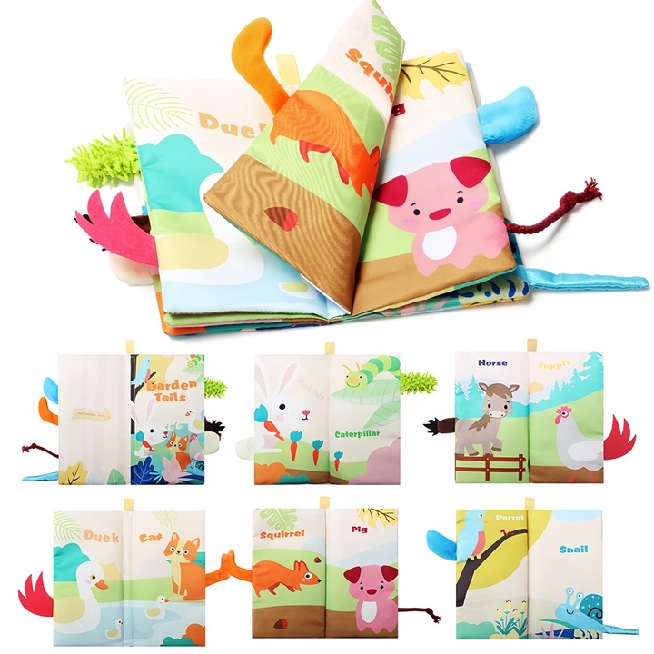 Carte Textila Senzoriala pentru Bebelusi – Garden Tails, Carte Educativa Moale cu Cozi Animale, Dezvoltare Tactila si Cognitiva-QiFeng™
