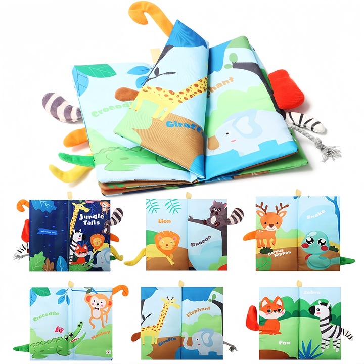 Carte Textila Senzoriala pentru Bebelusi – Jungle Tails, Carte Educativa Moale cu Cozi Animale, Dezvoltare Tactila si Cognitiva-QiFeng™
