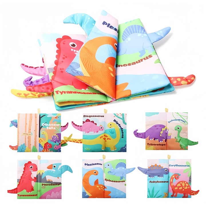 Carte Textila Senzoriala pentru Bebelusi – Dino, Carte Educativa Moale cu Cozi Animale, Dezvoltare Tactila si Cognitiva-QiFeng™