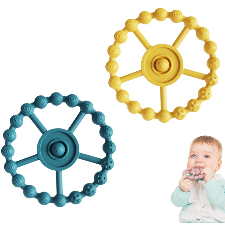 Set 2 Jucarii pentru Dentitie, Inel din Silicon, 5 Texturi, Galben Albastru inchis, 0-24 luni-QiFeng™
