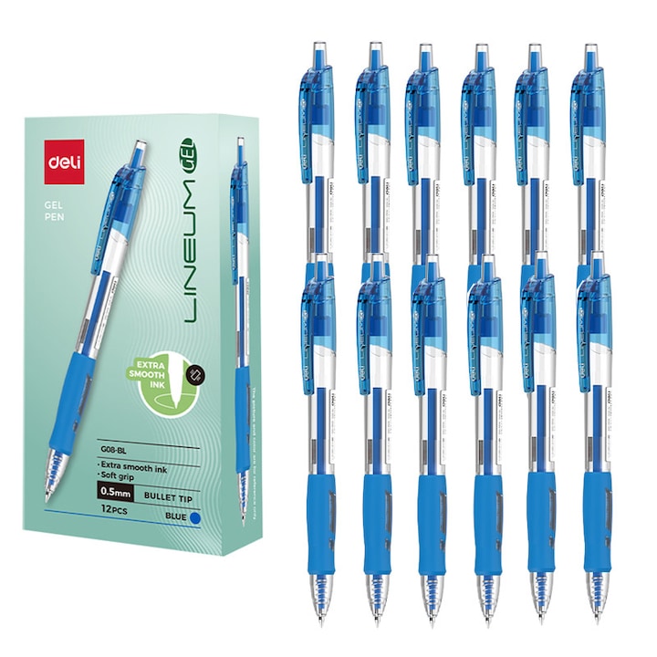 Set pixuri gel, Deli, 0.5mm, 12 bucati, albastru, design ergonomic