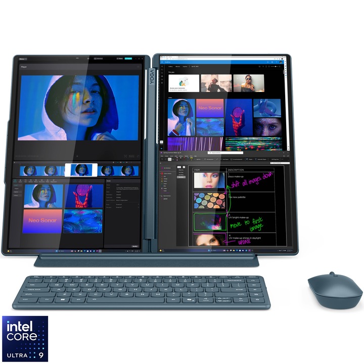 Лаптоп Lenovo Yoga Book 9 14IAH10 с процесор Intel® Core™ Ultra 9 285H до 5.4GHz, 2x 14" 2.8K WQXGA+, OLED, 120Hz, сензорен екран, 32GB LPDDR5x RAM, 1TB SSD, Intel® Arc™ 140T, Windows® 11 Home, Tidal Teal