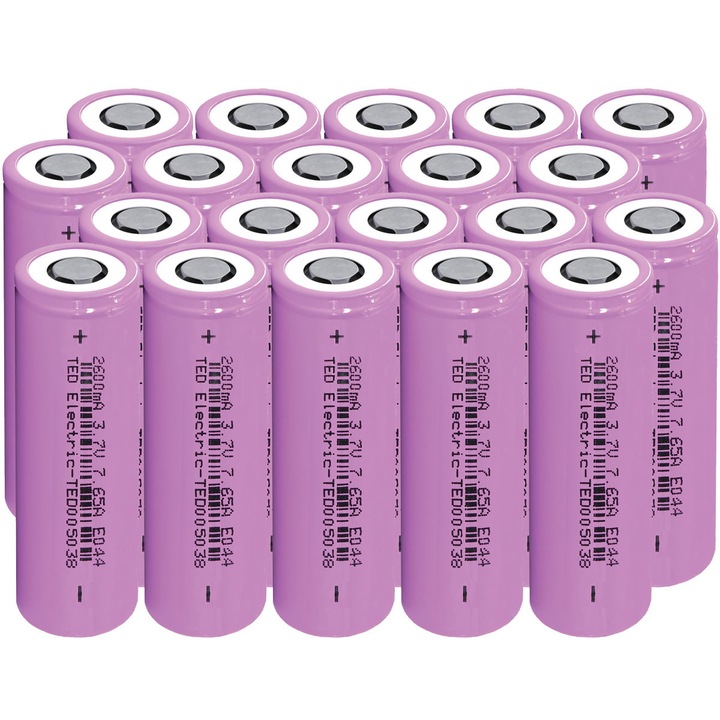 Baterii Reincarcabile 18650 ISR Li-Ion 3.6V 2600mAh 20 BUCATI 2.6A cu Descarcare Maxima 7.65A, TED Electric