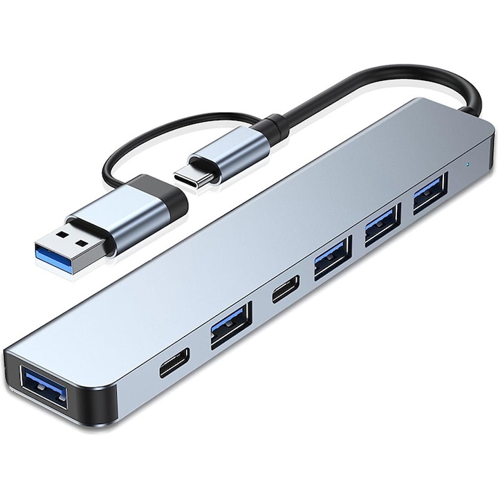 Hub USB 7 in 1, WEPZSXO, 1 x USB 3.0, 4 x USB 2.0, 2 x USB C, gri argintiu
