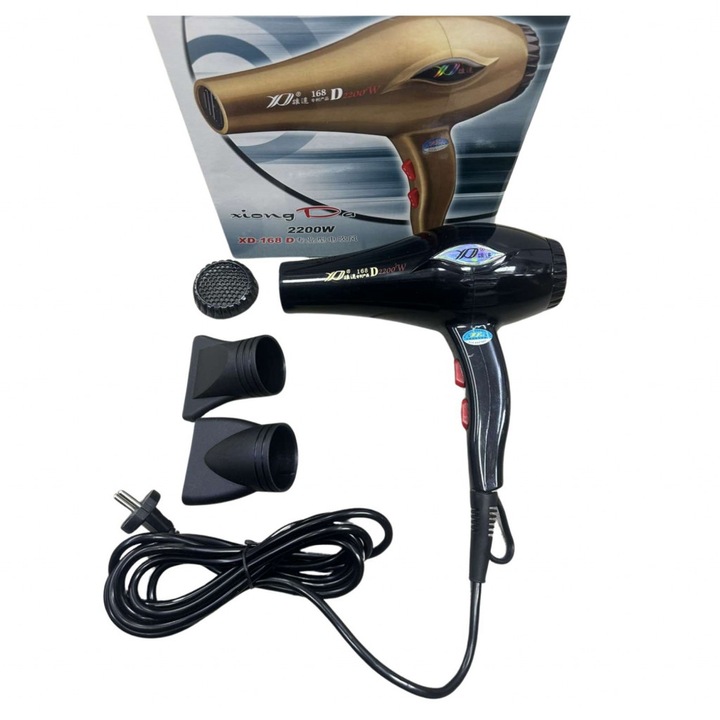 Професионален Сешоар XiongdA XD-168 D, 2200W, 2 скорости, 3 температурни настройки, Размер: 20х9 сантиметра, Цвят: Черен/златист