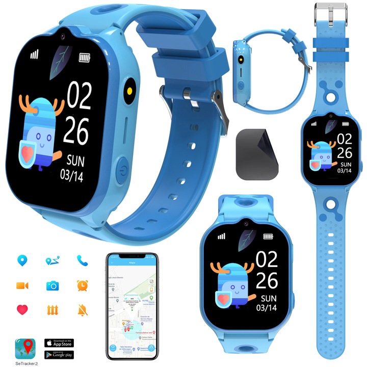 Ceas SmartWatch 4G GPS Copii LikeSmart™ KinderCare 52, Monitorizare GPS, WIFI, 2", Camera HD, Apel Video, Buton SOS, Mod Scoala, GeoFence, Monitorizare Spion, Albastru