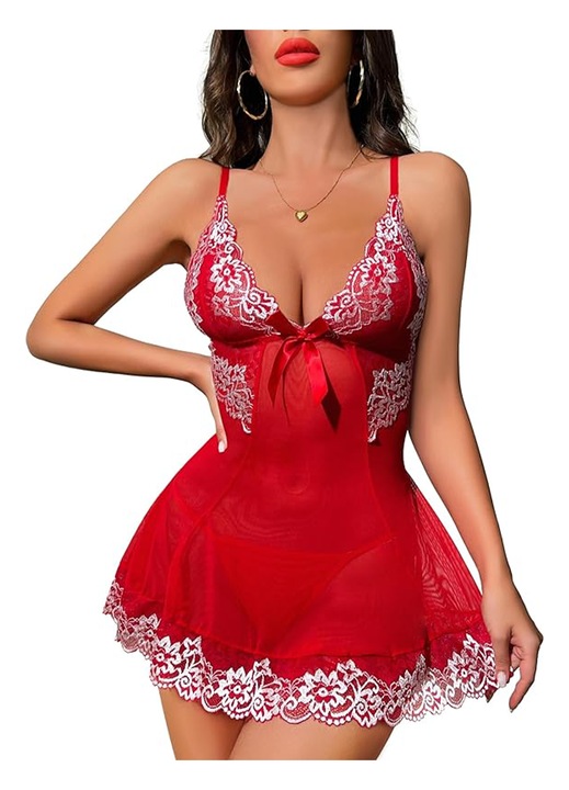 Szexi hálóing, TREXORA, csipke és átlátszó háló, masni díszítéssel, piros, 2XL