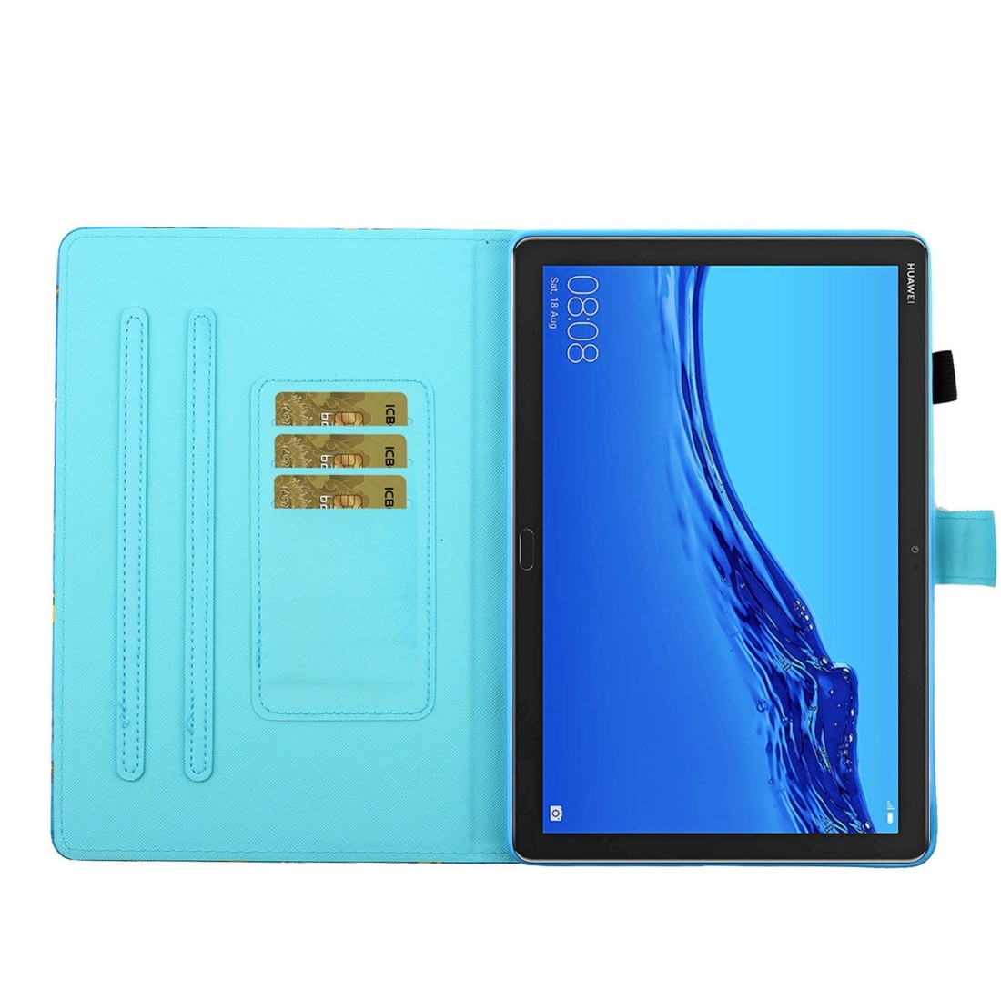 Husa tableta pentru Huawei MediaPad M5 lite, din piele colorata, cu design orizontal si suport, slot pentru carduri, functie sleep/wake, in forma de bufnita