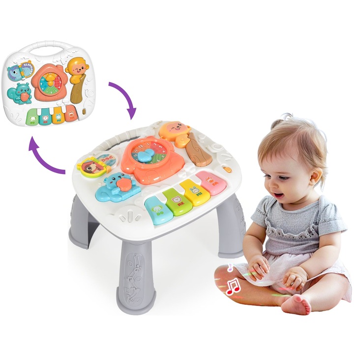 Музикална маса за занимания със светлини FunkyTime, 2в1 многофункционална, животински звуци, пиано с клавиши До, Ре, Ми, въртящ се часовник, сензорна книга, подвижни крака, образователен център Монтесори, многоцветна