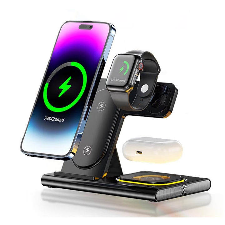 3 в 1 безжично зарядно, 15W, за iPhone, Apple Watch и AirPods, матово черно, 16x9 см
