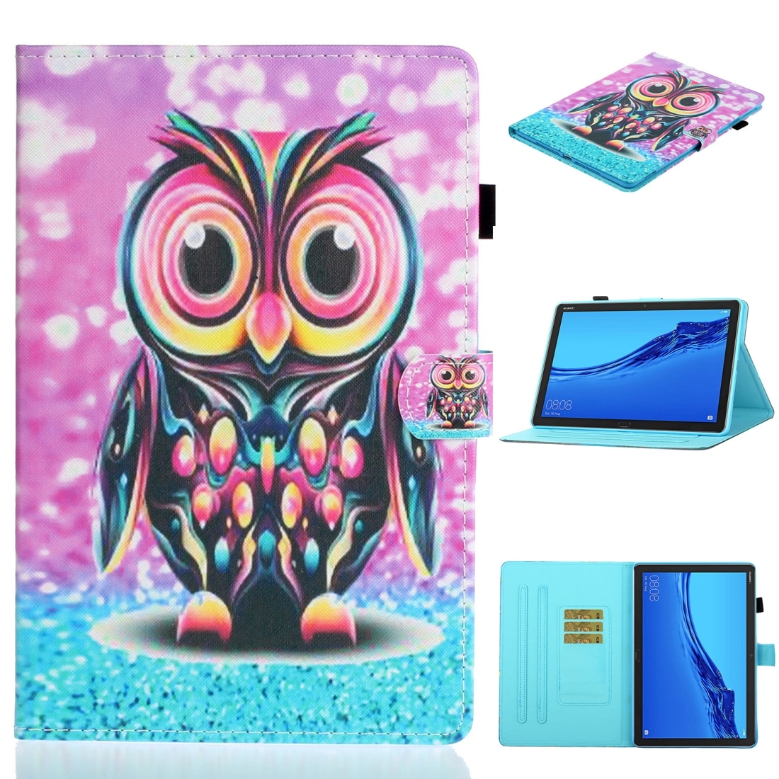 Husa tableta pentru Huawei MediaPad M5 lite, din piele colorata, cu design orizontal si suport, slot pentru carduri, functie sleep/wake, in forma de bufnita