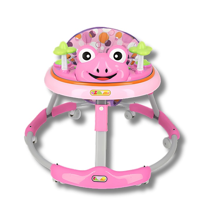 Prewalker babakomp 6 forgókerékkel, zenével és interaktív játékokkal a motoros fejlődés ösztönzésére, ergonomikus és összecsukható kialakítás, állítható magasságú, 36 hónapos kortól alkalmas, súlytartó 20 kg-ig, rózsaszín
