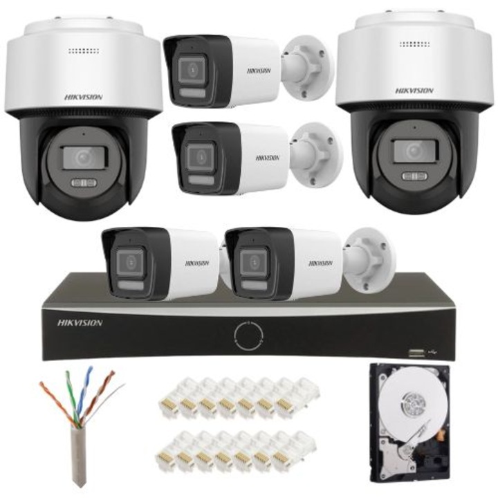 Sistem supraveghere profesional Hikvision Color Vu 2 camere 5MP IR20m, DVR 4 canale, full accesorii