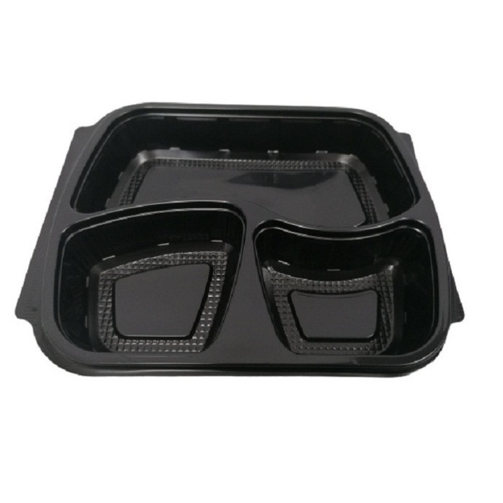 Set 50 caserole negre PP, 250x186x50 mm, capac transparent, 3 compartimente