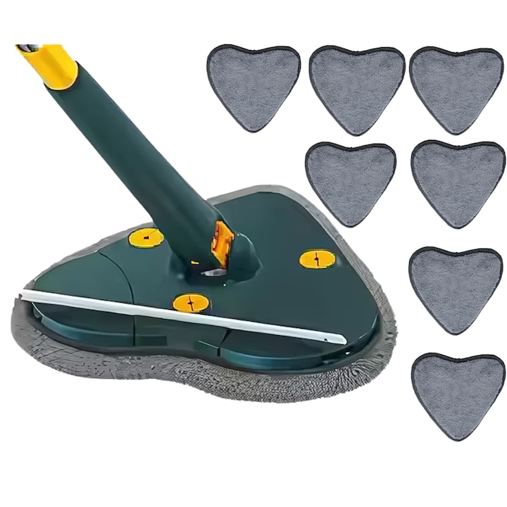 Телескопичен моп с глава тип сърцевидна Macvi® 360°, лесен за почистване, 127 см, зелен, въртяща се глава и 7 микрофибърни кърпи