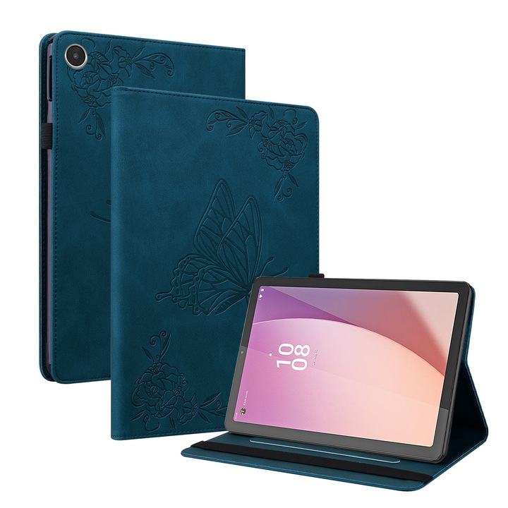 Husa tableta pentru Lenovo Tab M8 4th Gen TB-300FU, piele PU cu design flori de fluture, capac magnetic, protectie completa, albastru