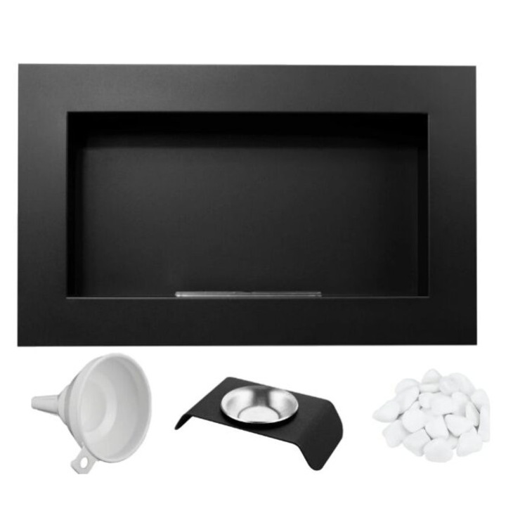 Semineu cu bioetanol, Biosemineu suspendat 650x400 negru structural mat, de perete, arzator 0, 35 litri cu certificat TUV, 65 x 40 x 12 cm, cu pietricele albe decorative, recipient pentru aromaterapie, bricheta si palnie pentru turnarea bioetanol incluse