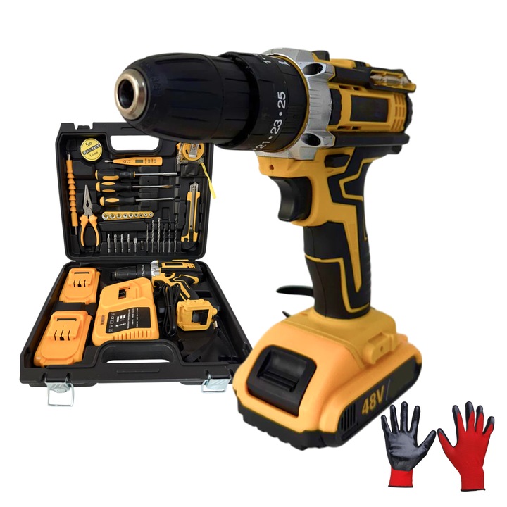 Trusa Bormasina cu Percutie, Autofiletanta, Portabila cu 30 Accesorii, manusi de protectie inclus, 2 Acumulatori 48V, Cutie Transport Inclusa, Negru-Galben, HAPPY JOKER®