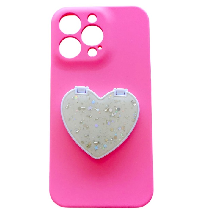 Husa Fashion Statement, GEO, accesoriu Oglinda Inima, compatibila cu Apple iPhone 13 Pro MAX, Silicon Flexibil, Roz Aprins