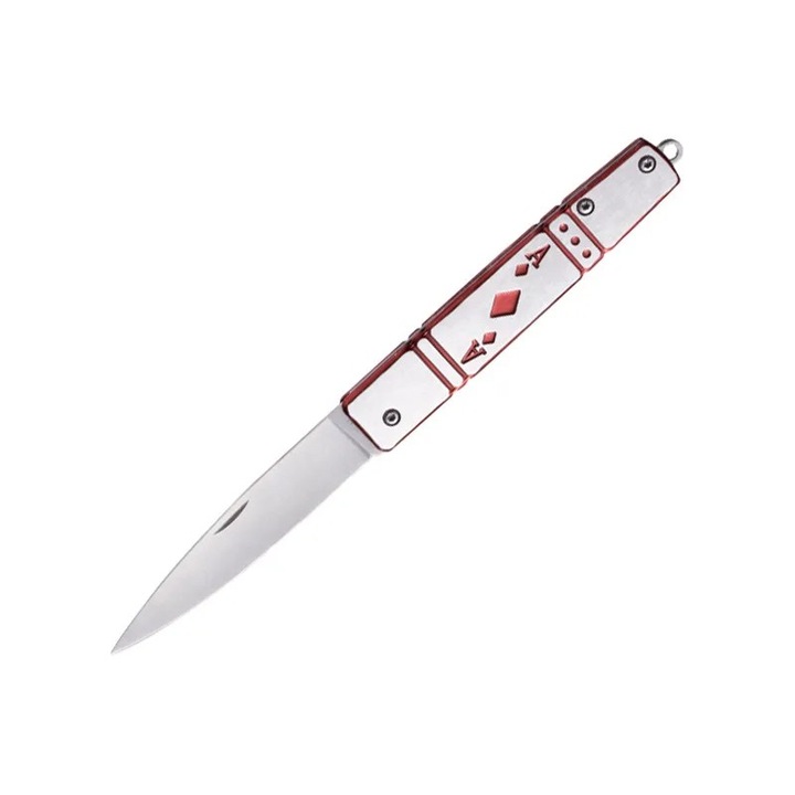 Briceag Universal de Buzunar, Pliabil Manual, 17 cm, Lama Argintie, Model Carti de Joc, Rosu, pentru Camping, 17 cm, Dalimag