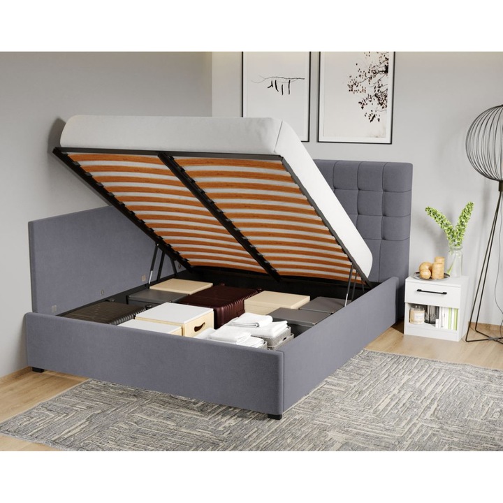 Pat Tapitat de colt, Rivo cu Somiera Rabatabila si lada, 140x200, Gri/Swing 17