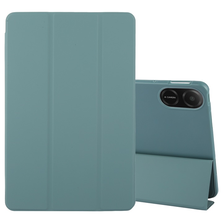 Husa tableta pentru Honor Pad X8a / X9, din silicon si piele, tip tri-fold, culoare verde inchis
