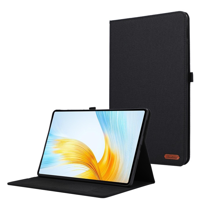 Husa tableta pentru Honor Pad X8a / X9, textura de panza, tip carte orizontal, piele PU + TPU (Negru)