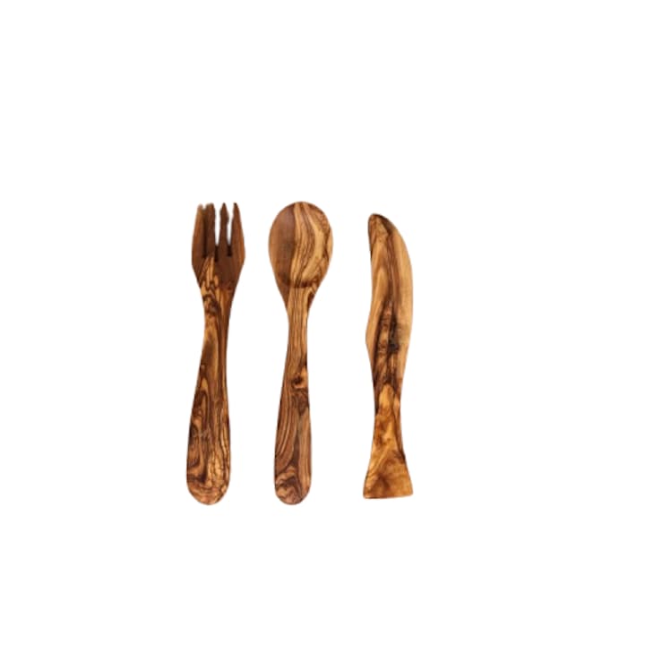 Set Tacamuri 3 Piese Lingura Furculita Cutit din Lemn de Maslin 20 cm