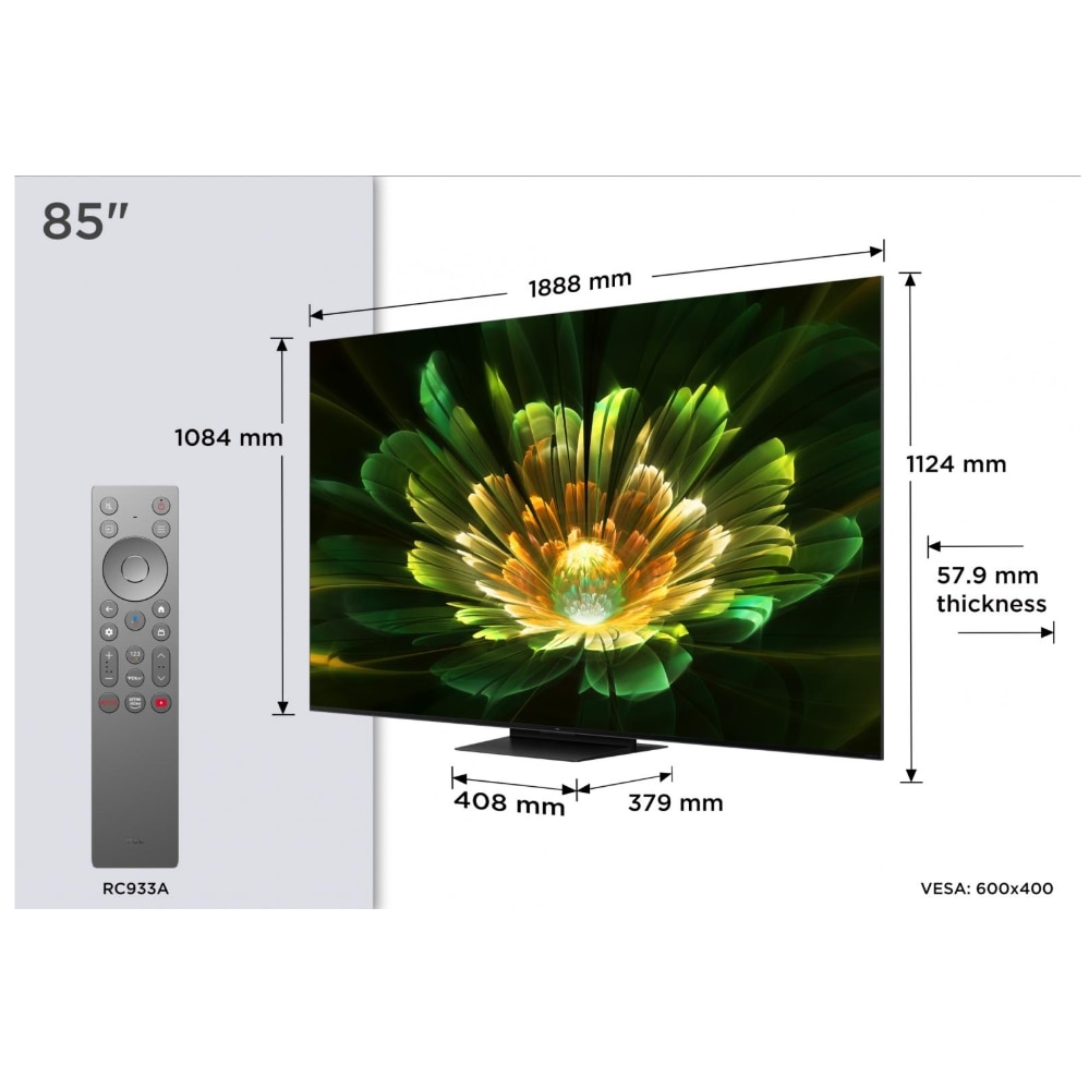 Televizor Mini LED TCL 216 cm 85" 85Q7C, Ultra HD 4K, Smart TV, WiFi, CI+